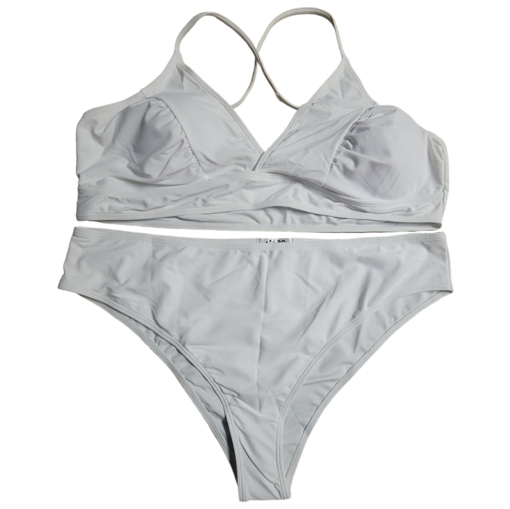 Aolro Women's White V-neck Crisscross Pull On Two Piece Bikini Set, Size XXXL